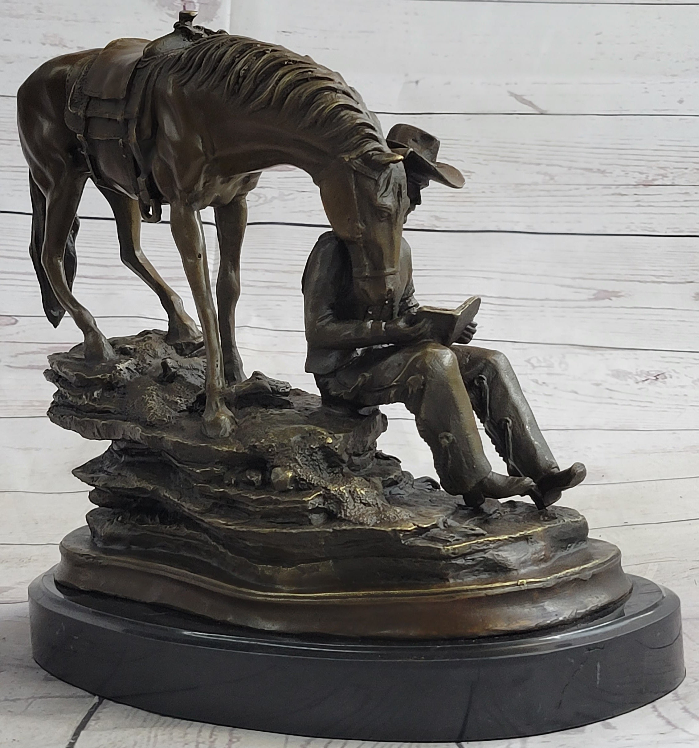 Cowboy Reading a Book with Horse Bronze Metal Western Sculpture Statue Remington Decor 11" x 13"