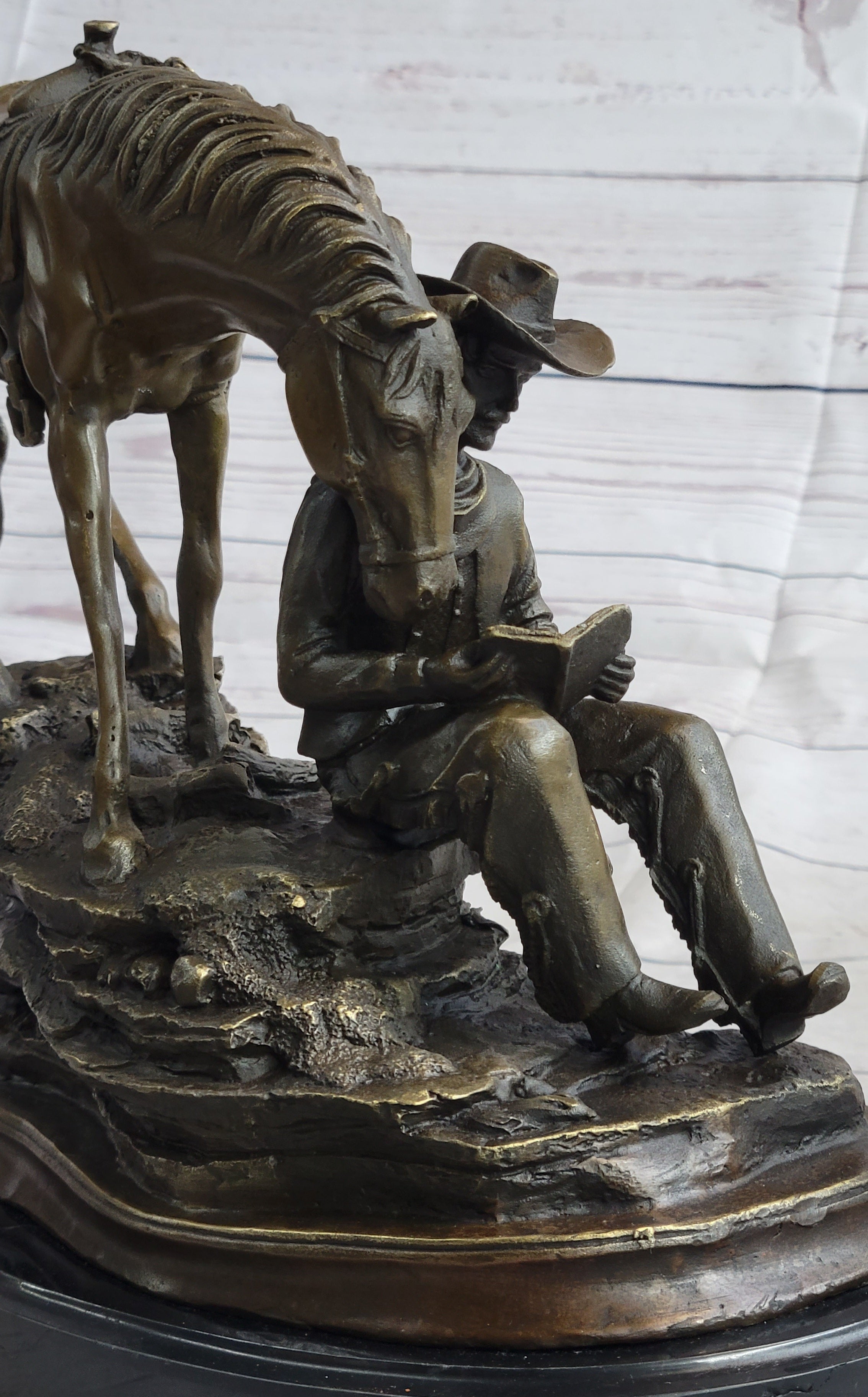 Cowboy Reading a Book with Horse Bronze Metal Western Sculpture Statue Remington Decor 11" x 13"