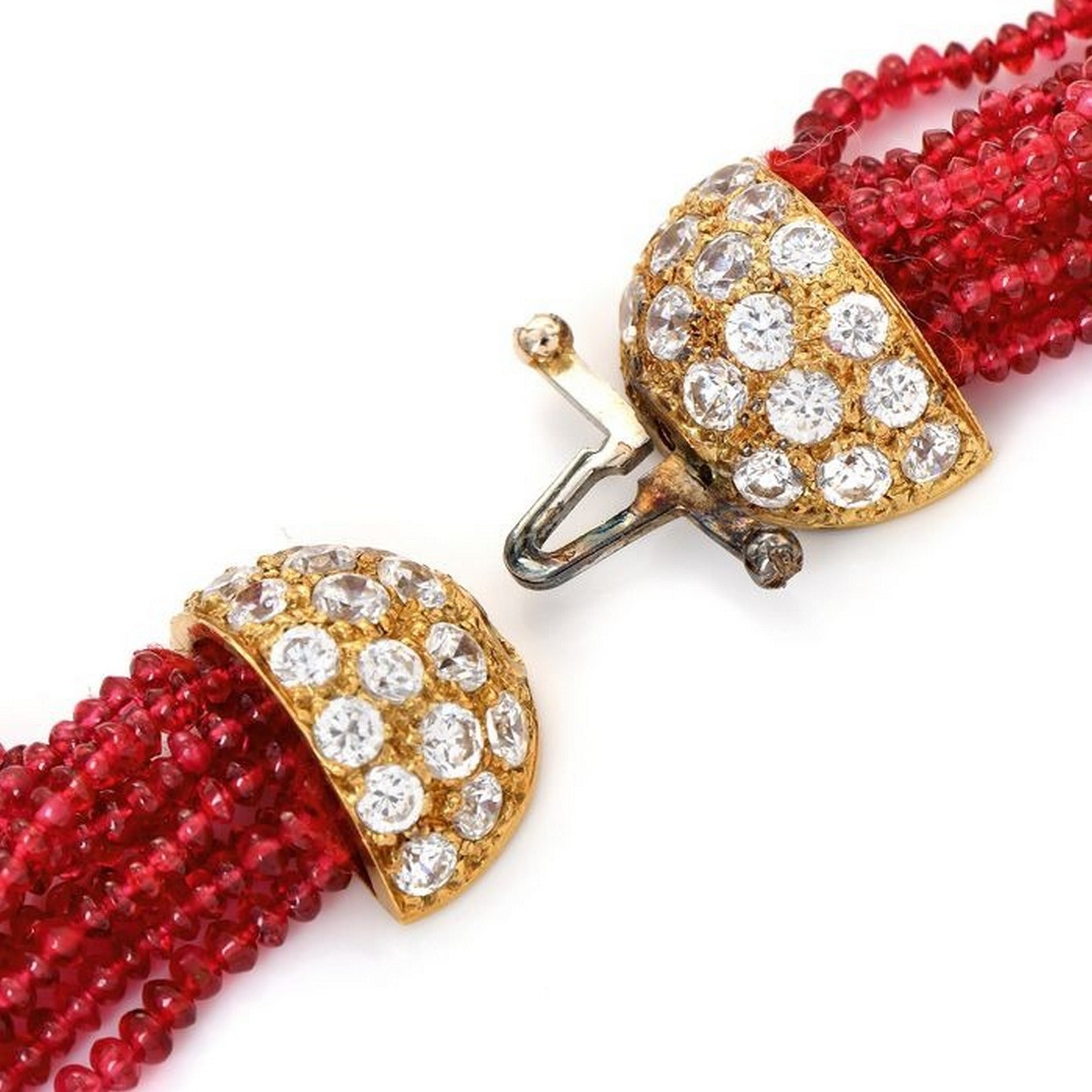 Vintage Ruby Diamond 18K Gold Butterfly Brooch Beaded Strand Necklace