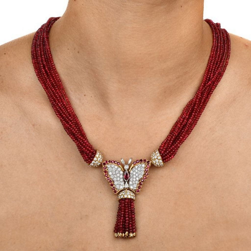 Vintage Ruby Diamond 18K Gold Butterfly Brooch Beaded Strand Necklace