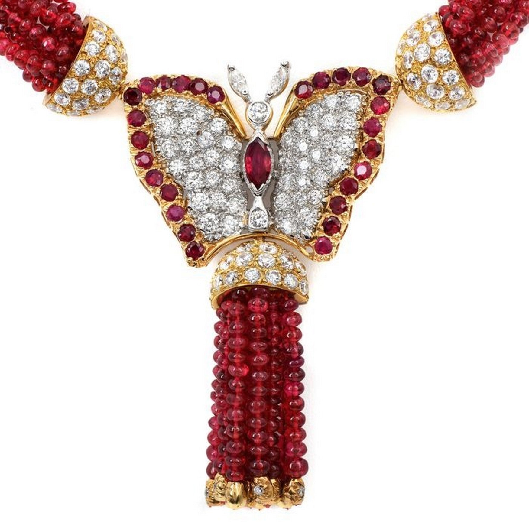 Vintage Ruby Diamond 18K Gold Butterfly Brooch Beaded Strand Necklace