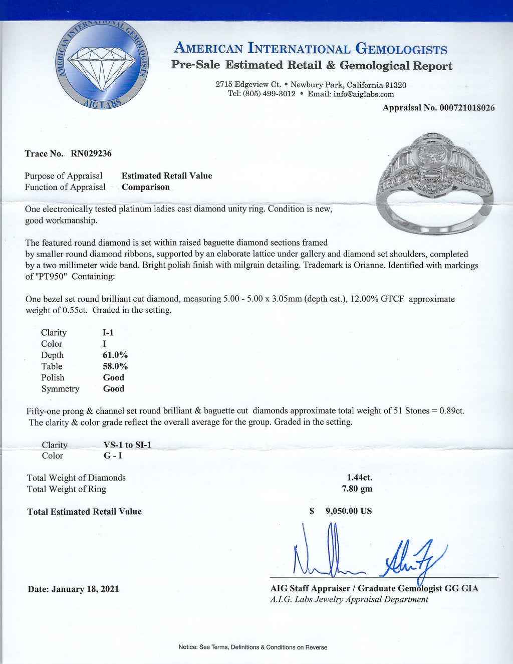 0.55ct I COLOR I1 CLARITY CENTER Diamond Platinum Ring (1.44ctw Diamonds)