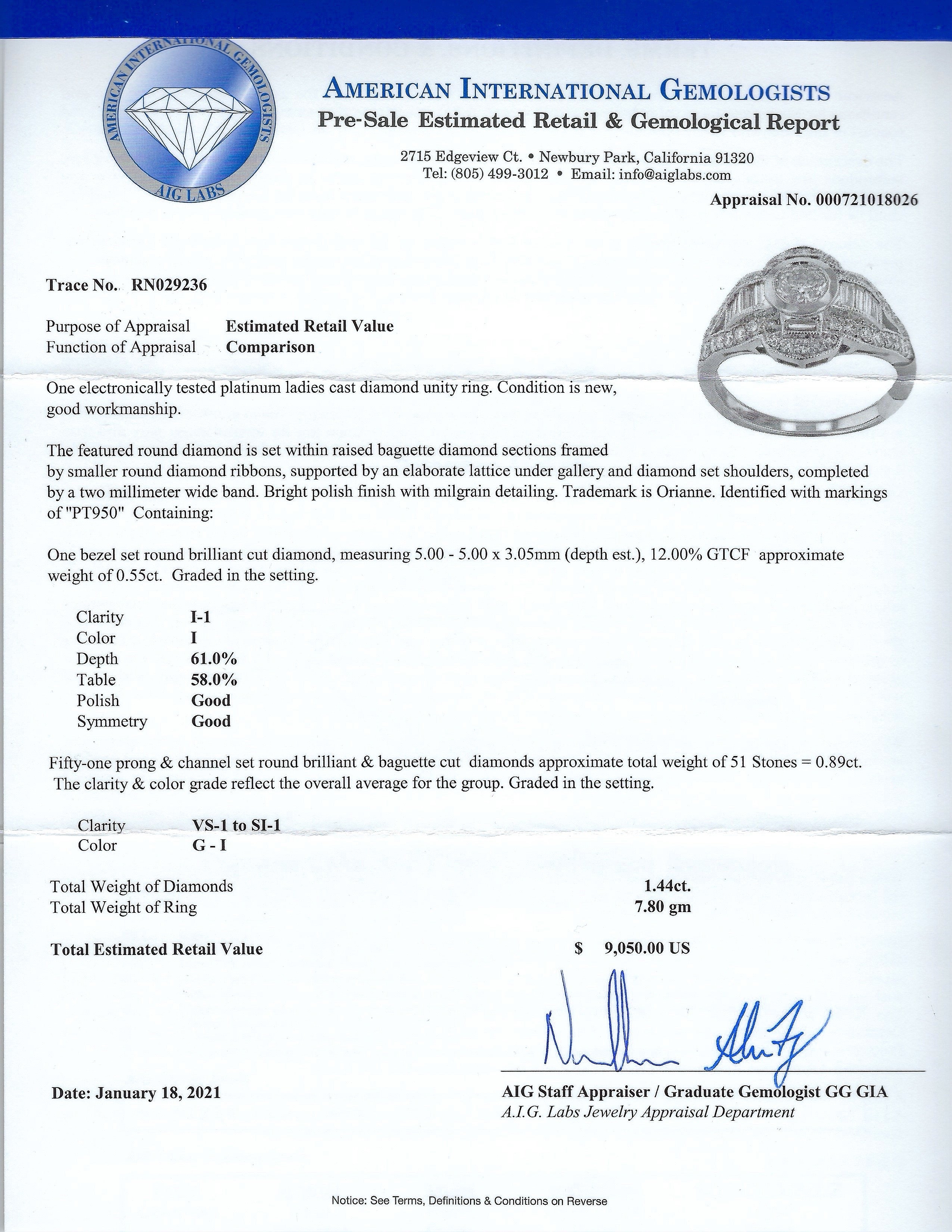 0.55ct I COLOR I1 CLARITY CENTER Diamond Platinum Ring (1.44ctw Diamonds)
