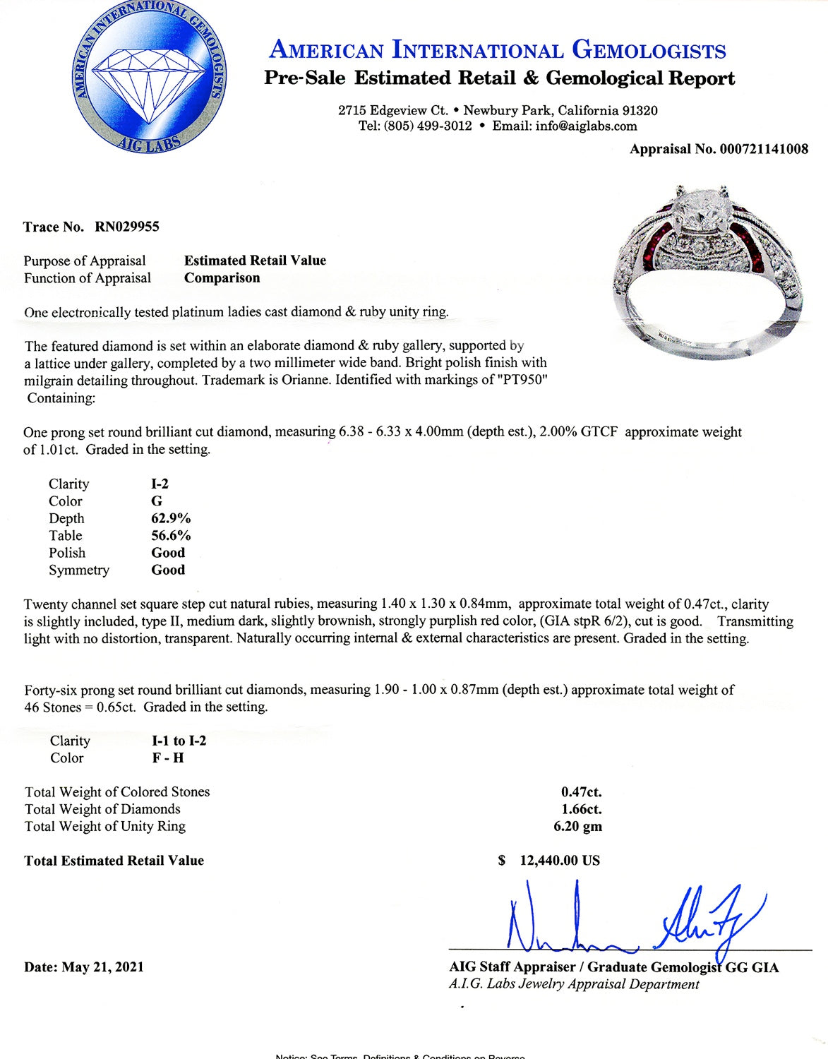1.01ct Diamond and 0.47ctw Ruby Platinum Ring (1.66ctw Diamonds)