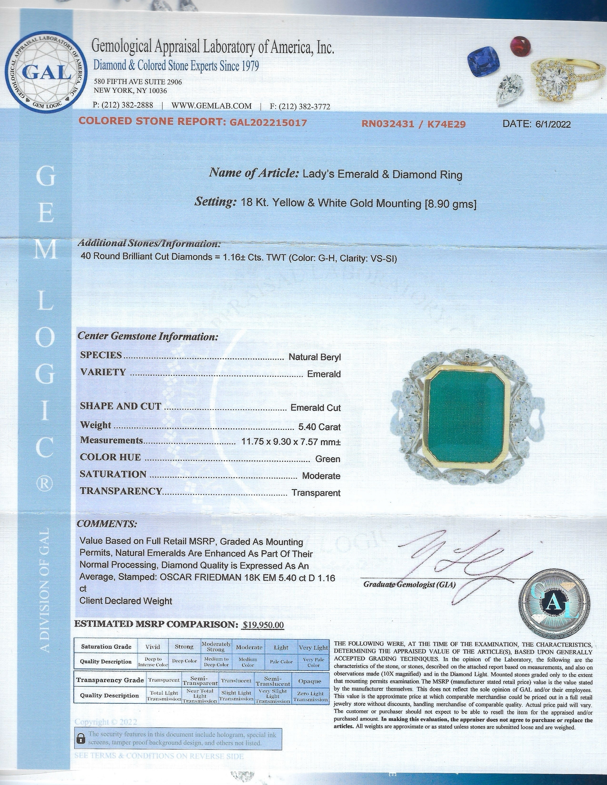 5.40ct Emerald and 1.16ctw Diamond 18K White and Yellow Gold Ring