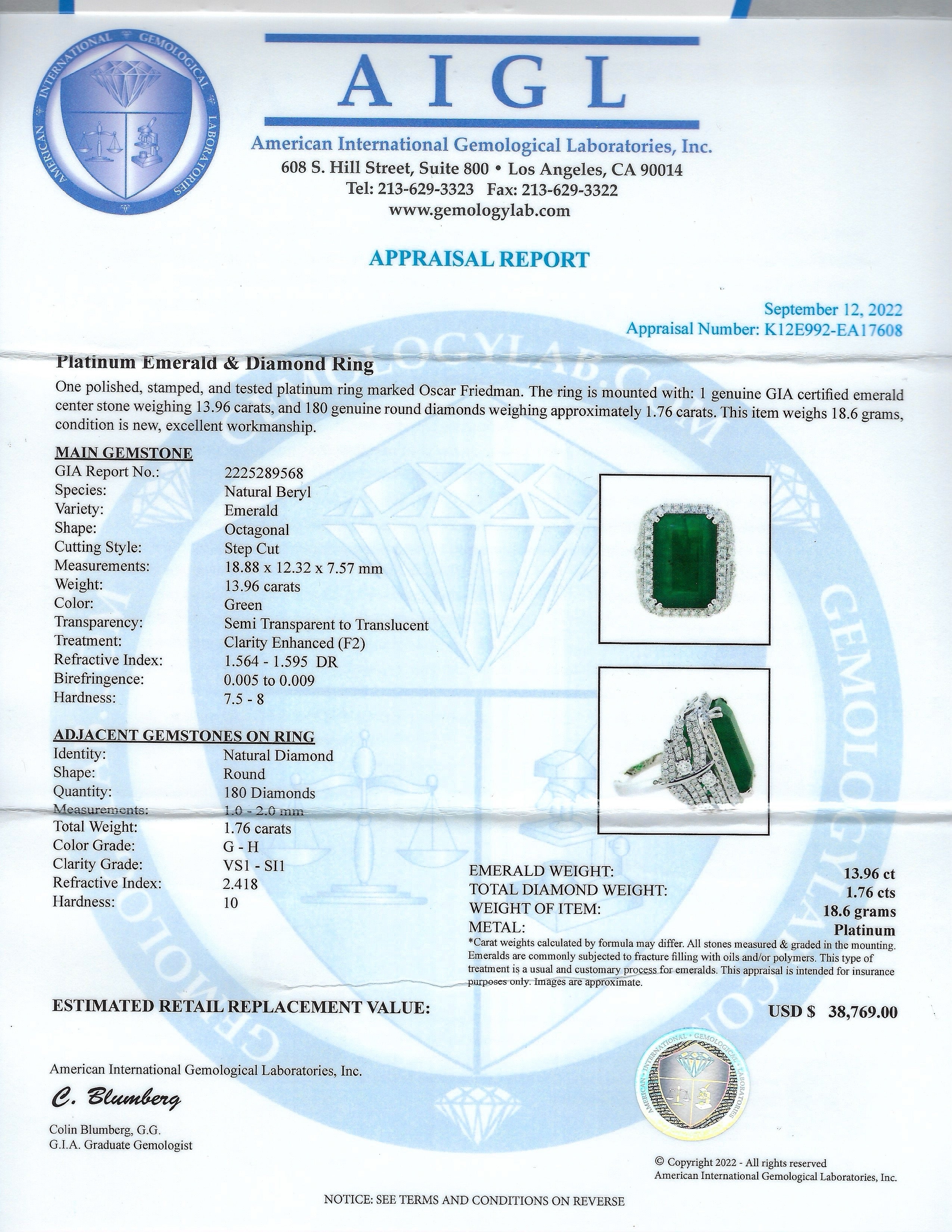 13.96ct F2 CLARITY ENHANCED Emerald and 1.76ctw Diamond Platinum Ring