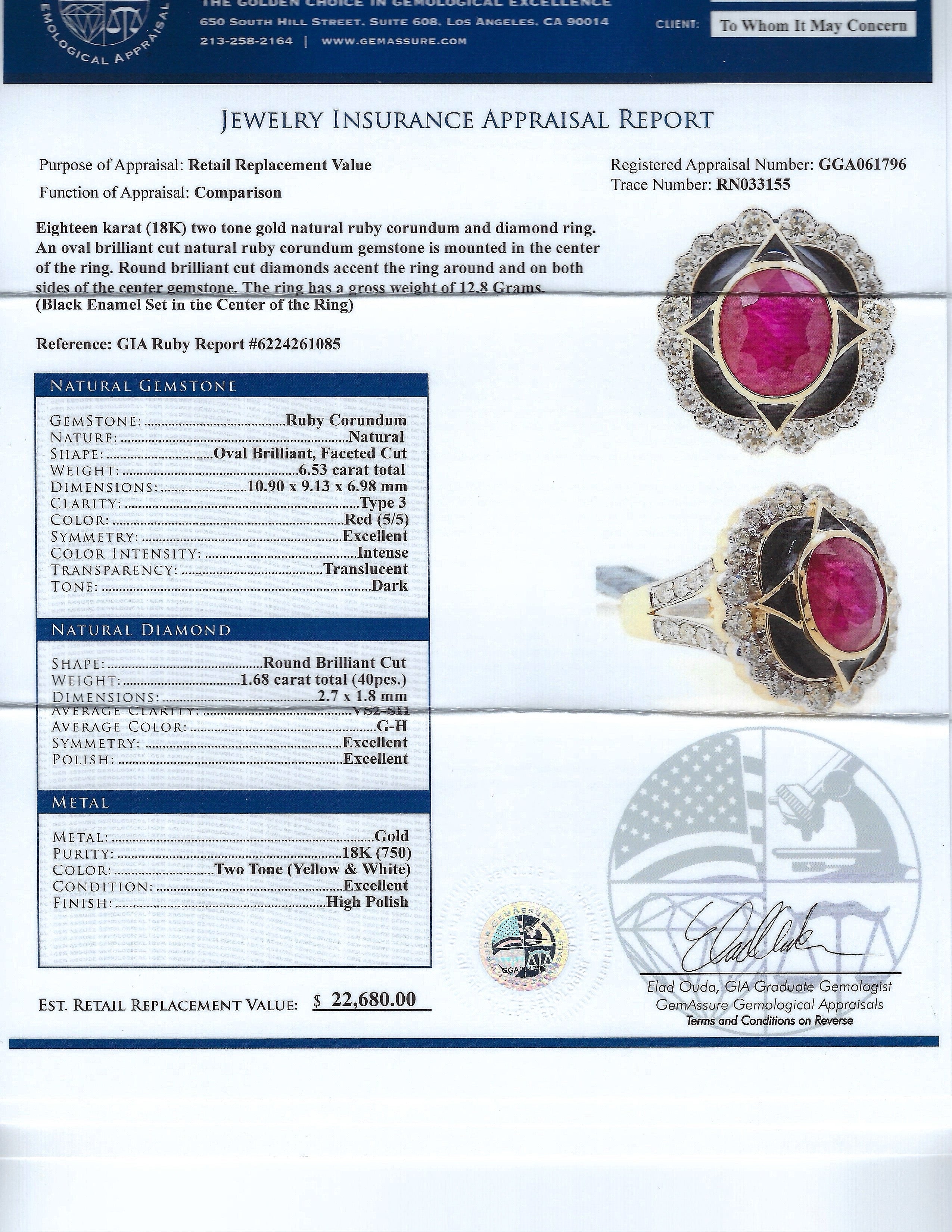 6.53ct Ruby and 1.68ctw Diamond 18K Yellow and White Gold Ring (GIA CERTIFIED)