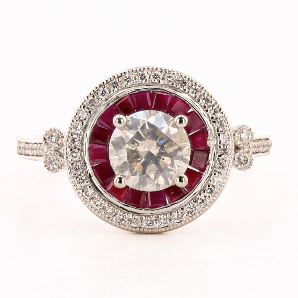 1.02ct CENTER Diamond and 0.69ctw Ruby Platinum Ring (1.23ctw Diamonds)