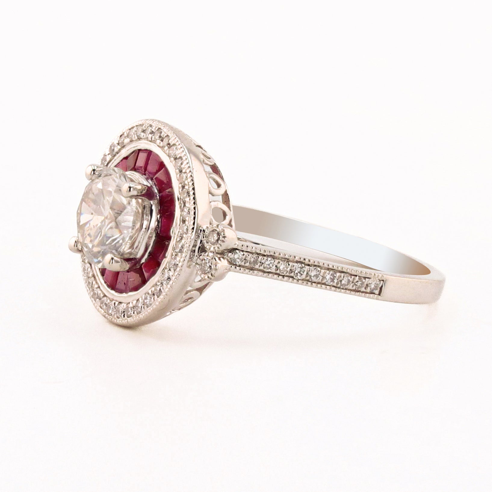 1.02ct CENTER Diamond and 0.69ctw Ruby Platinum Ring (1.23ctw Diamonds)