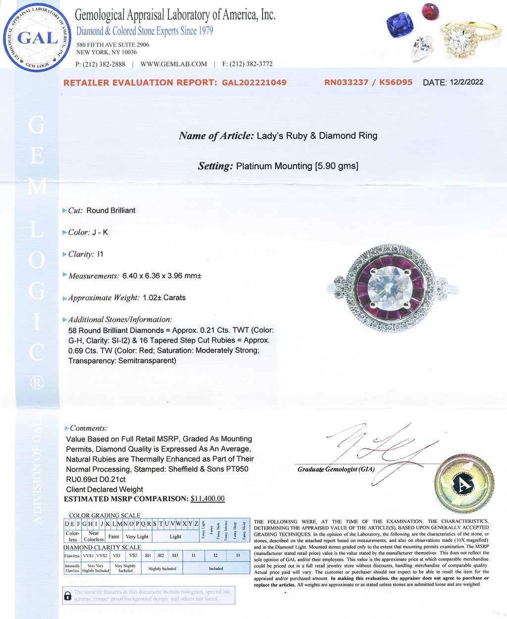 1.02ct CENTER Diamond and 0.69ctw Ruby Platinum Ring (1.23ctw Diamonds)