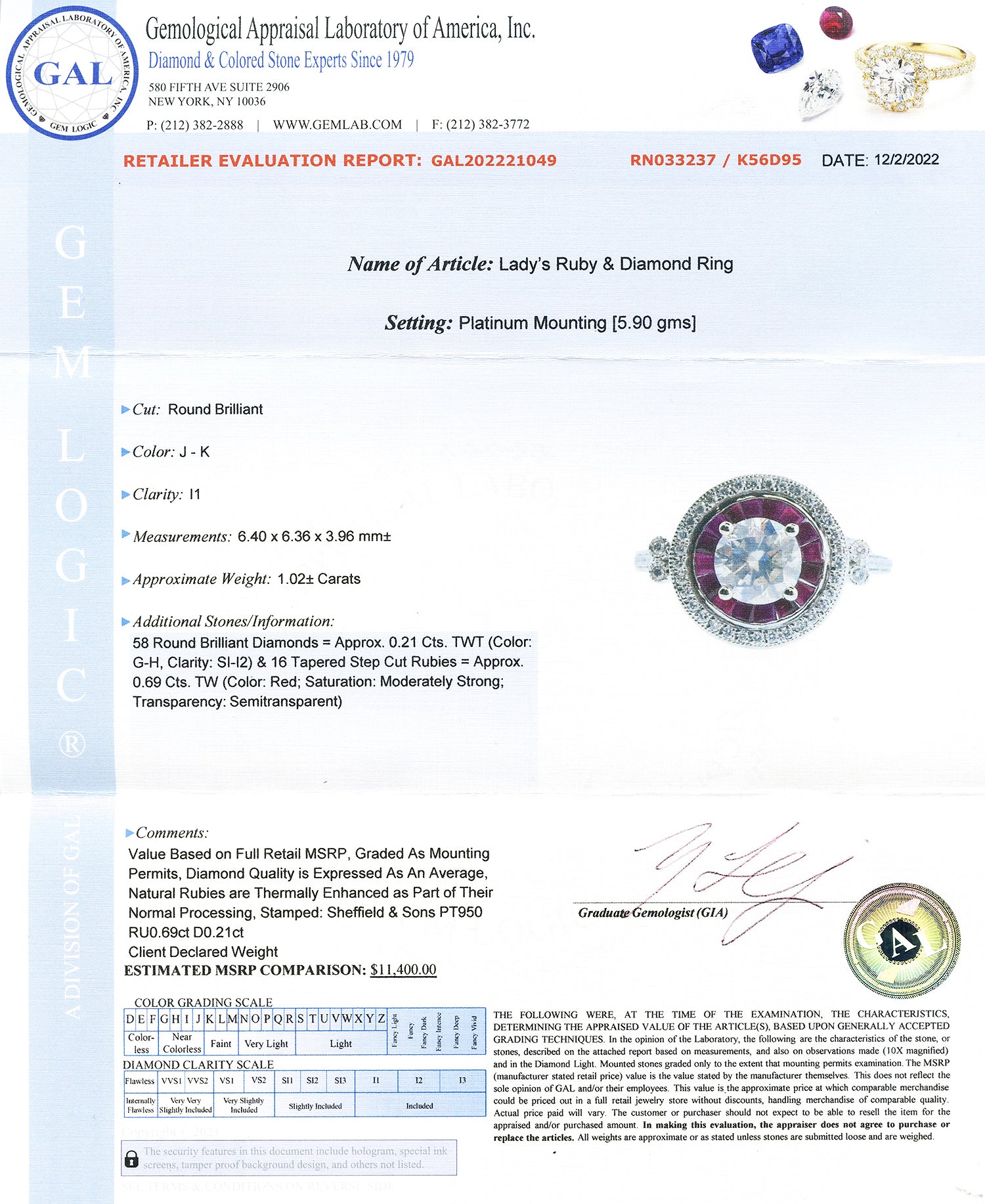 1.02ct CENTER Diamond and 0.69ctw Ruby Platinum Ring (1.23ctw Diamonds)