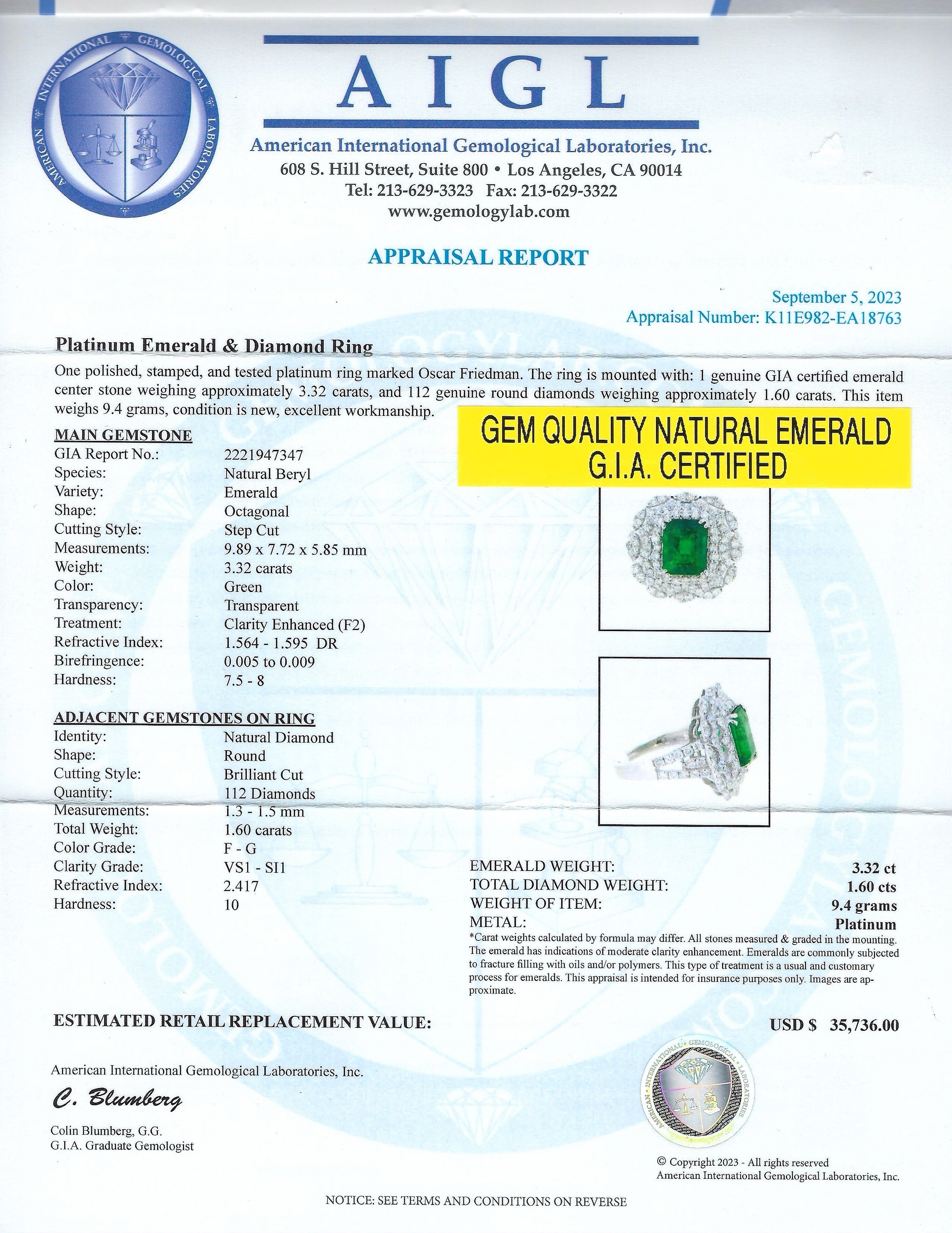 3.32ct Emerald and 1.60ctw Diamond Platinum Ring (GIA CERTIFIED)