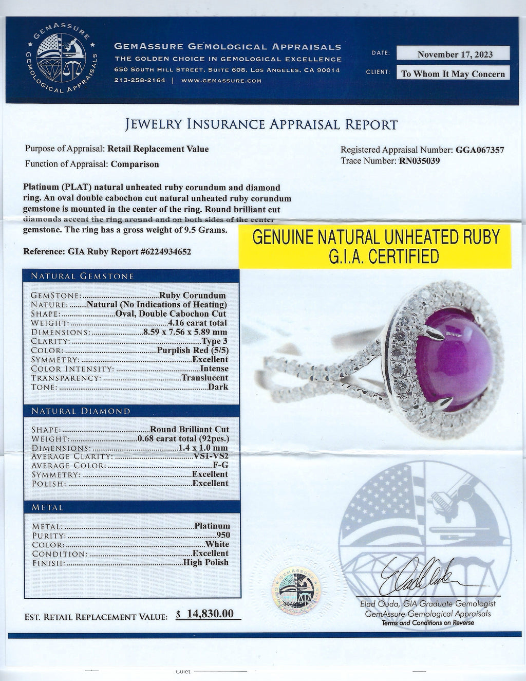 4.16ct UNHEATED Ruby and 0.68ctw Diamond Platinum Ring (GIA CERTIFIED)