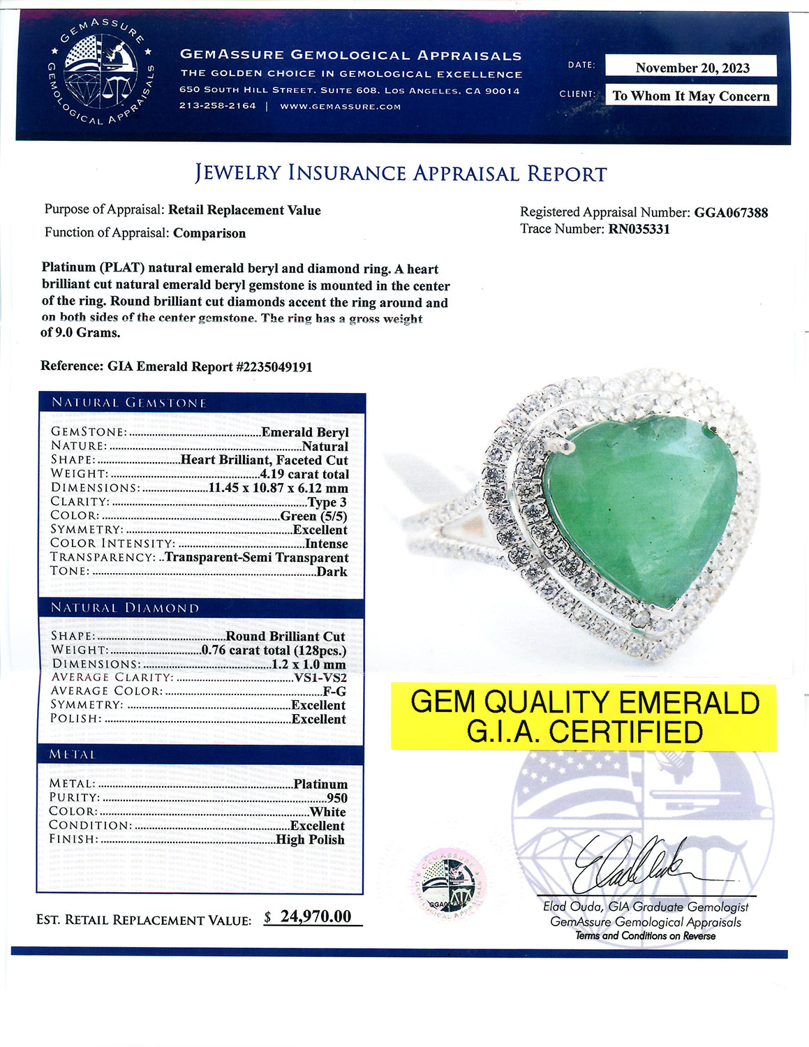 4.19ct Heart Shaped Emerald and 0.76ctw Diamond Platinum Ring (GIA CERTIFIED)