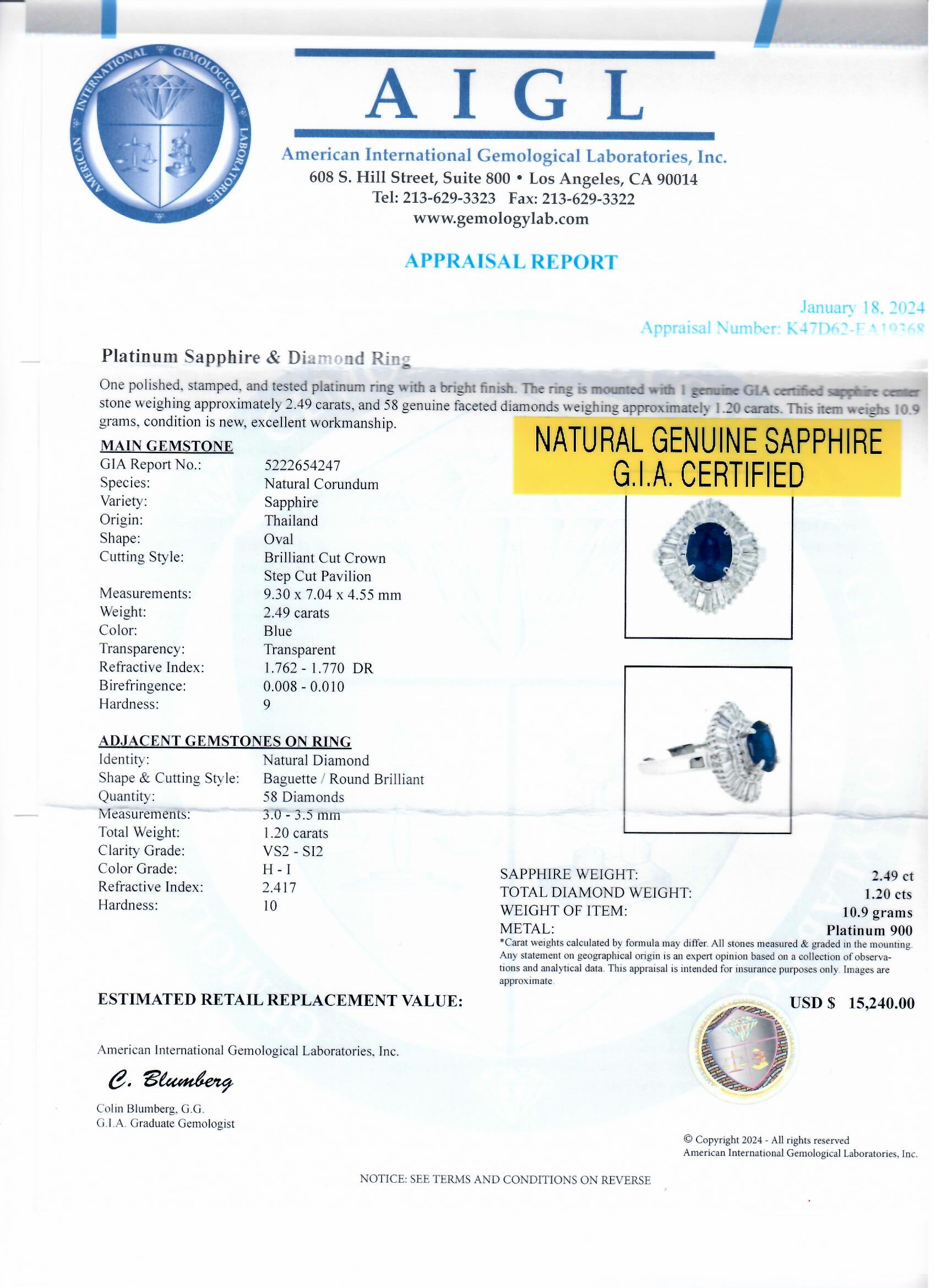 2.49ct Blue Thailand Sapphire and 1.20ctw Diamond Platinum Ring (GIA CERTIFIED)