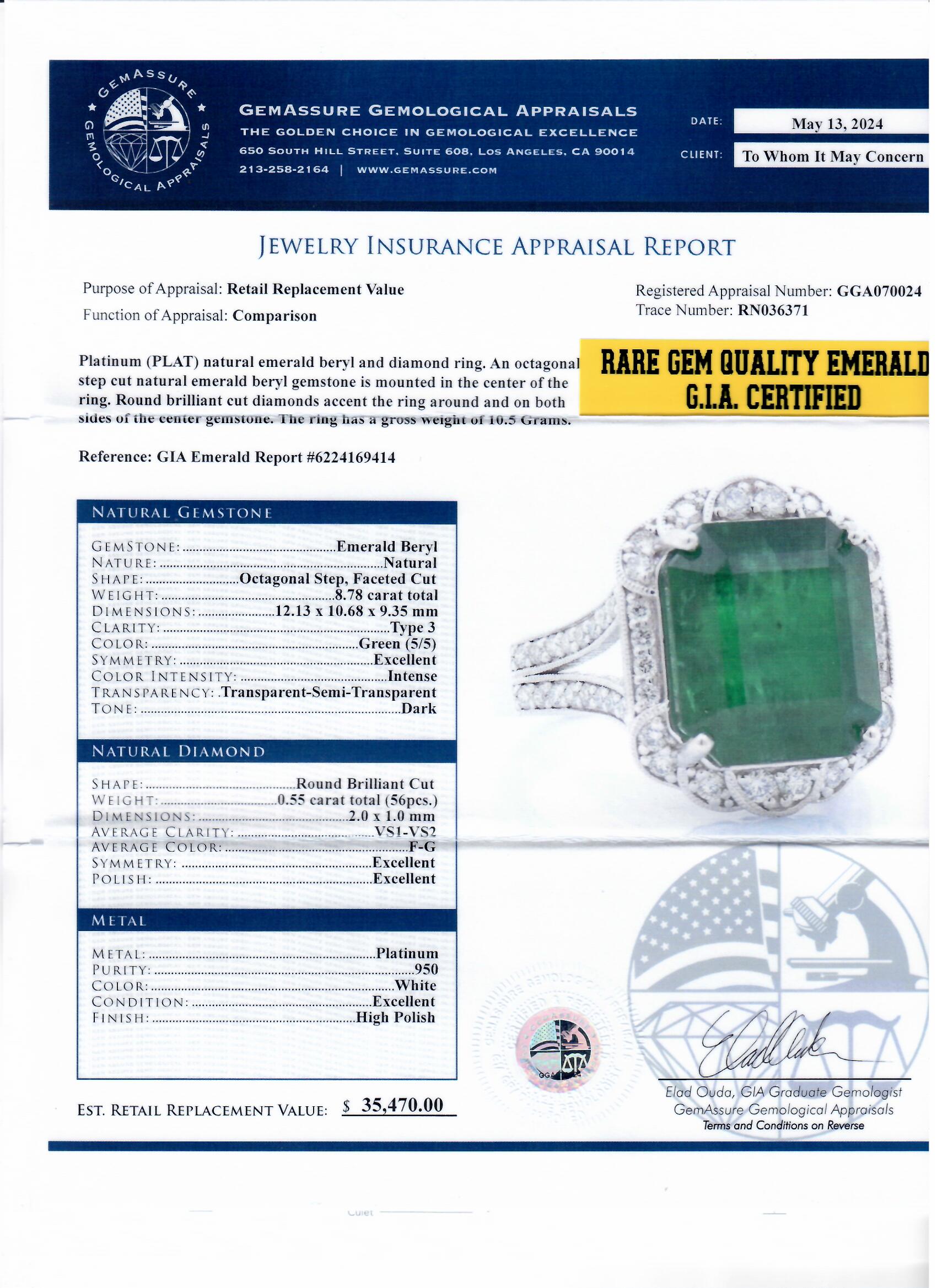 8.78ct Emerald and 0.55ctw Diamond Platinum Ring (GIA CERTIFIED)