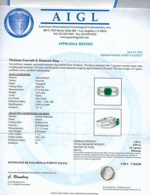 1.63ct Emerald and 0.59ctw Diamond Platinum Ring