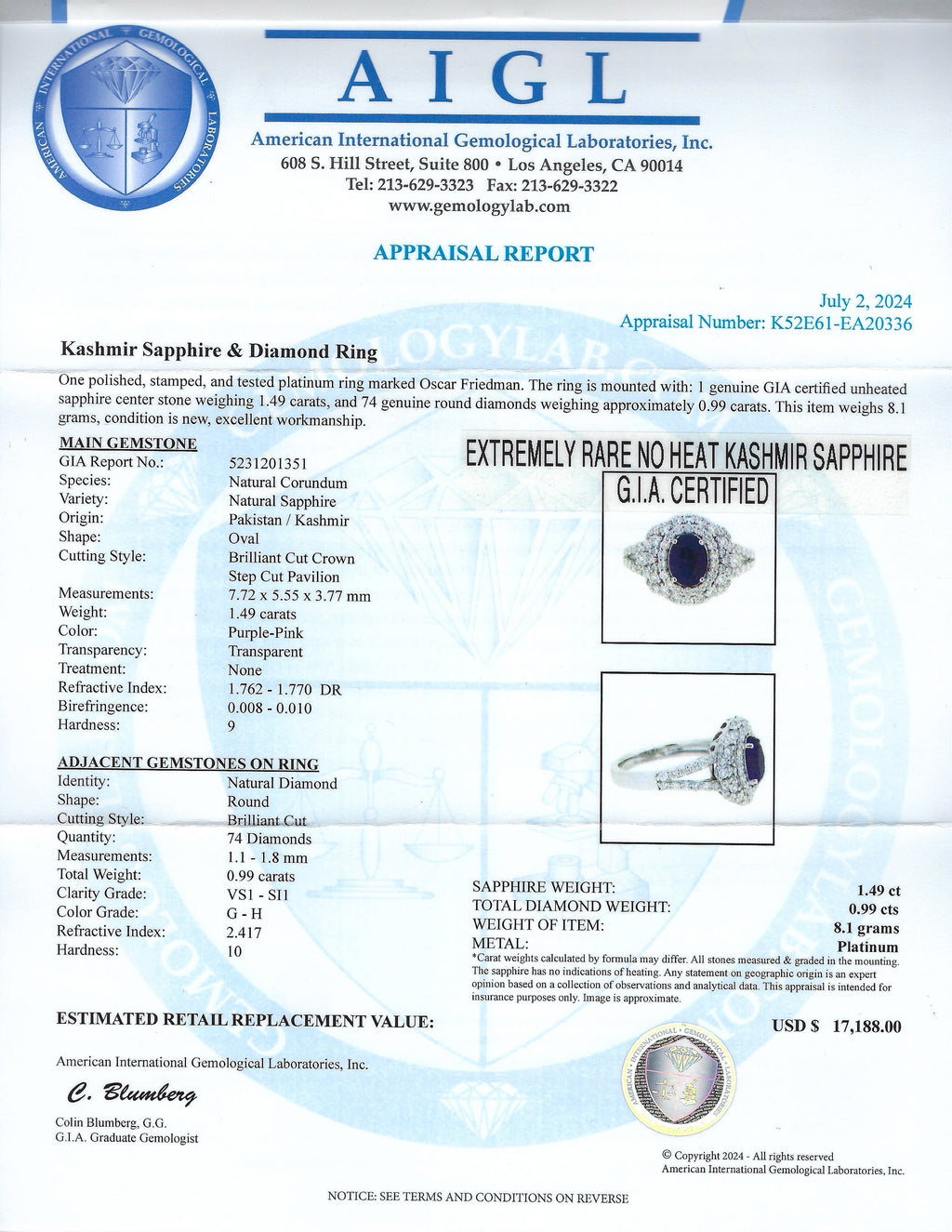 1.49ct UNHEATED Purple-Pink KASHMIR Sapphire and 0.99ctw Diamond Platinum Ring (GIA CERTIFIED)