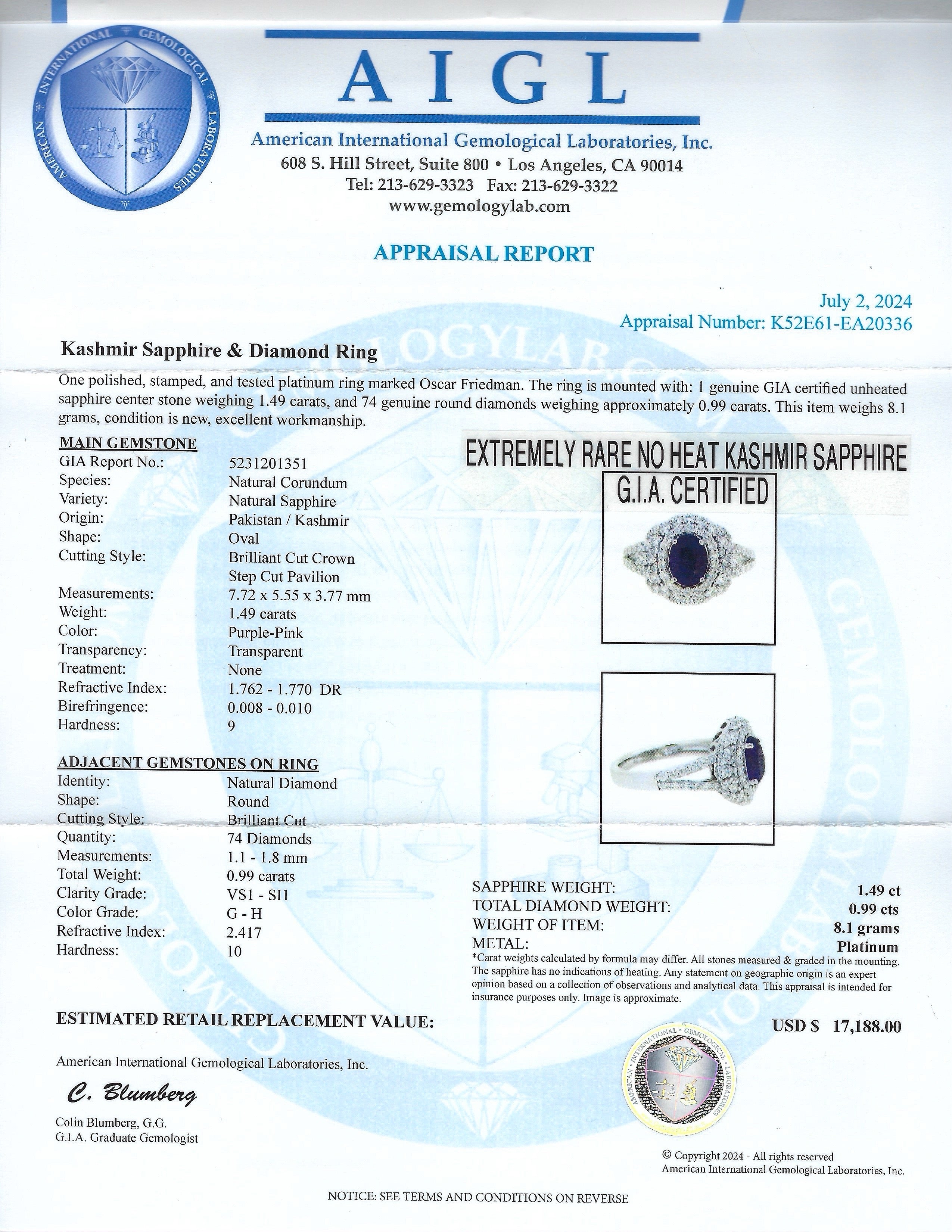 1.49ct UNHEATED Purple-Pink KASHMIR Sapphire and 0.99ctw Diamond Platinum Ring (GIA CERTIFIED)