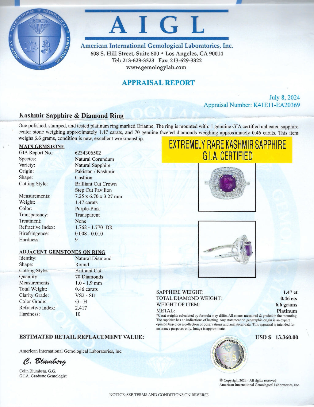 1.47ct UNHEATED Purple-Pink KASHMIR Sapphire and 0.46ctw Diamond Platinum Ring (GIA CERTIFIED)