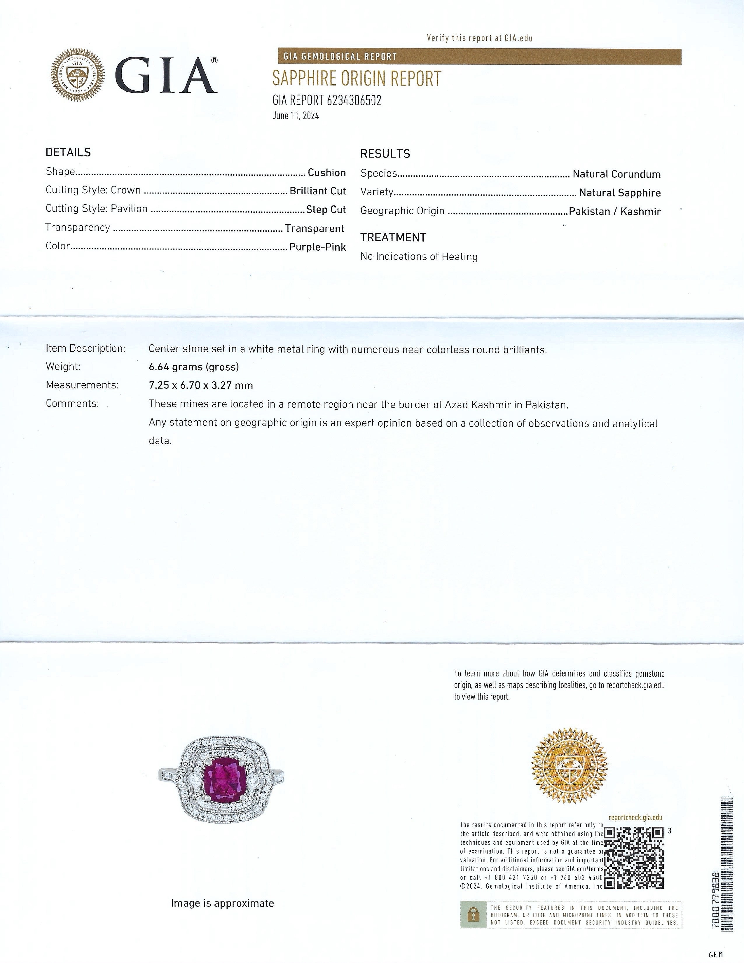 1.47ct UNHEATED Purple-Pink KASHMIR Sapphire and 0.46ctw Diamond Platinum Ring (GIA CERTIFIED)