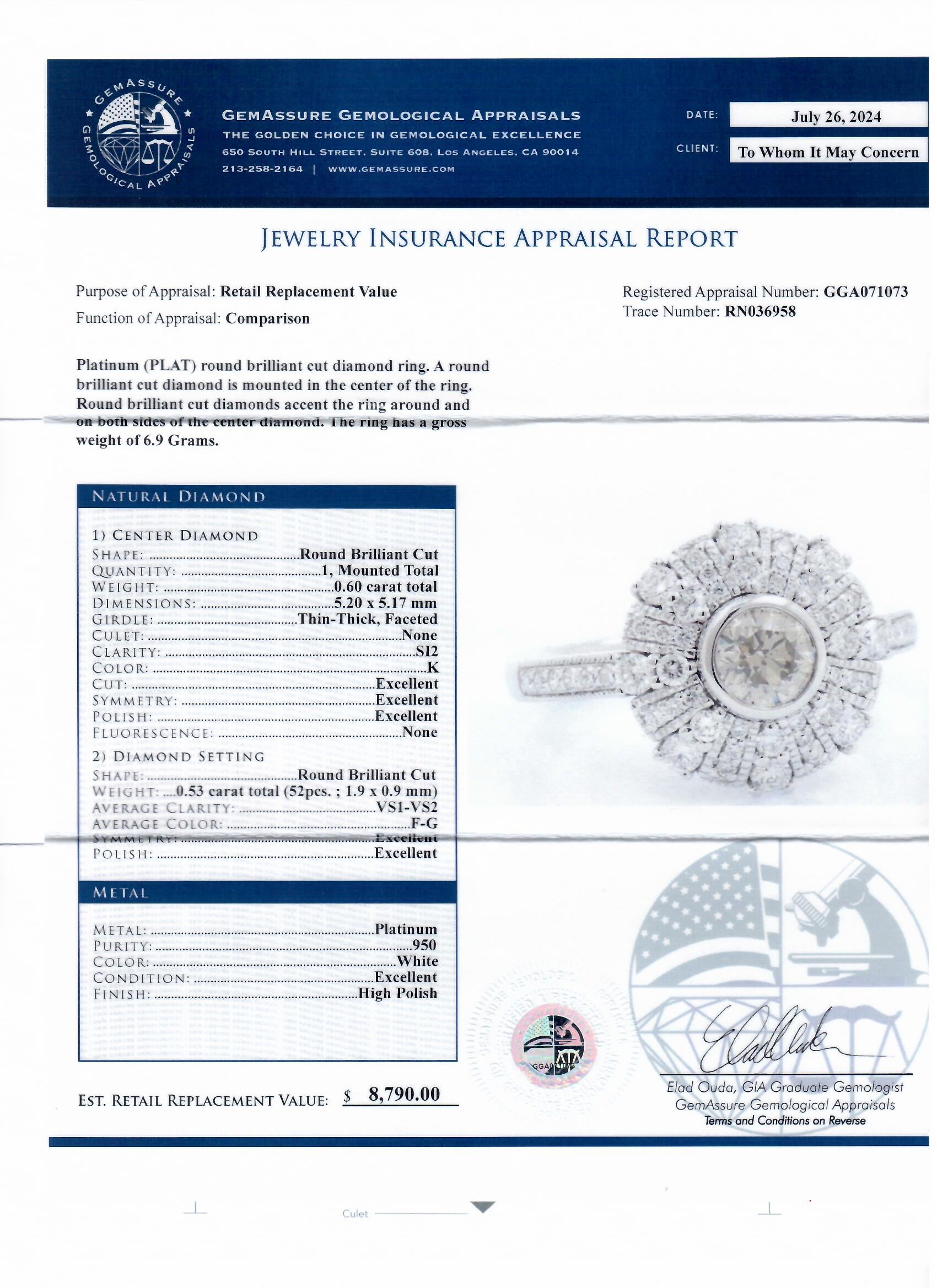 0.60ct K COLOR SI2 CLARITY CENTER Diamond Platinum Ring (1.13ctw Diamonds)