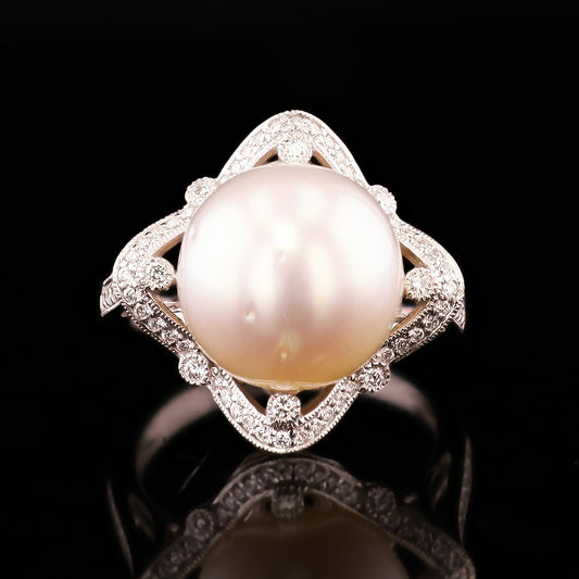 12mm White South Sea Cultured Pearl and 0.38ctw Diamond Platinum Ring (GIA CERTIFIED)
