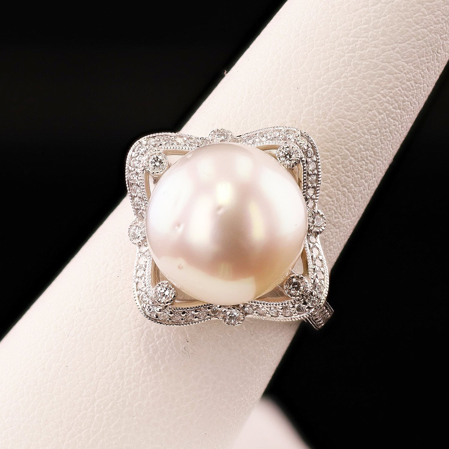 12mm White South Sea Cultured Pearl and 0.38ctw Diamond Platinum Ring (GIA CERTIFIED)