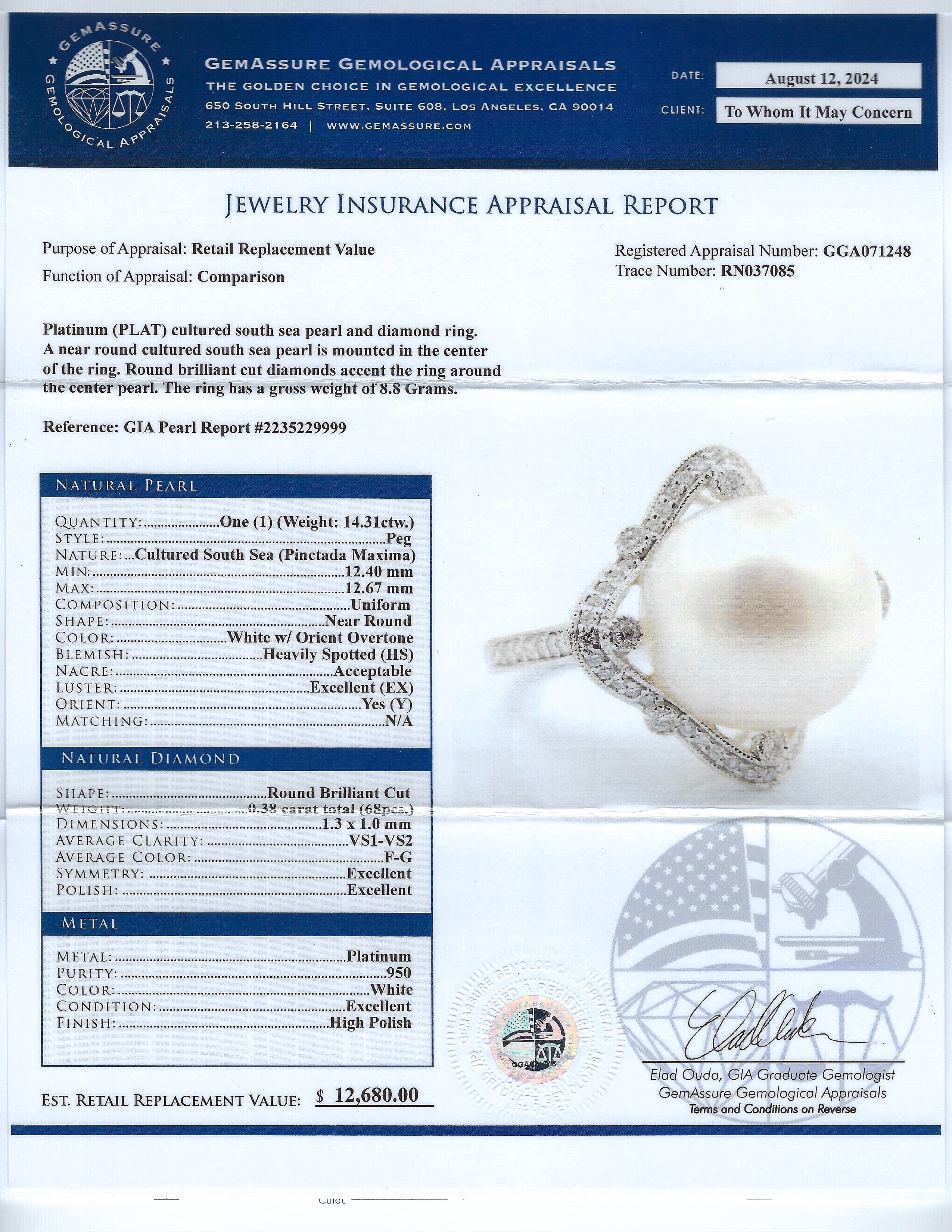 12mm White South Sea Cultured Pearl and 0.38ctw Diamond Platinum Ring (GIA CERTIFIED)