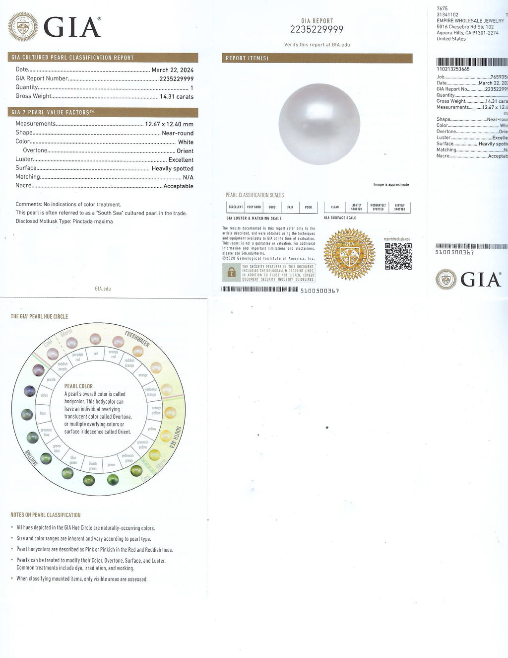 12mm White South Sea Cultured Pearl and 0.38ctw Diamond Platinum Ring (GIA CERTIFIED)