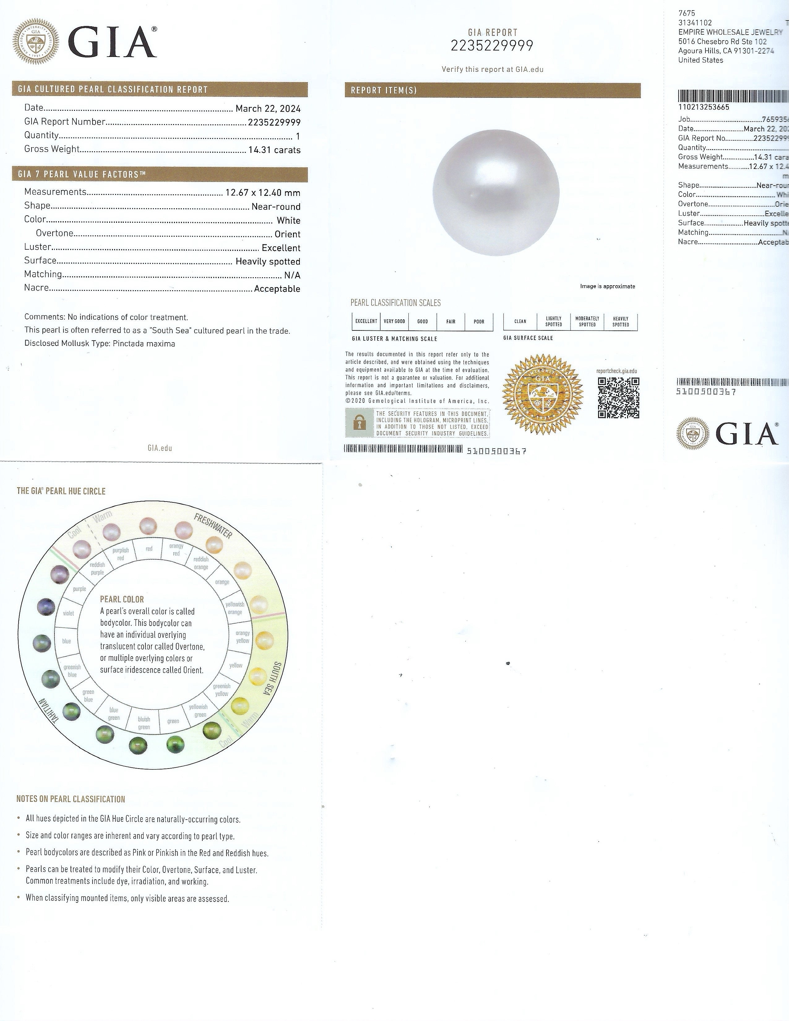 12mm White South Sea Cultured Pearl and 0.38ctw Diamond Platinum Ring (GIA CERTIFIED)