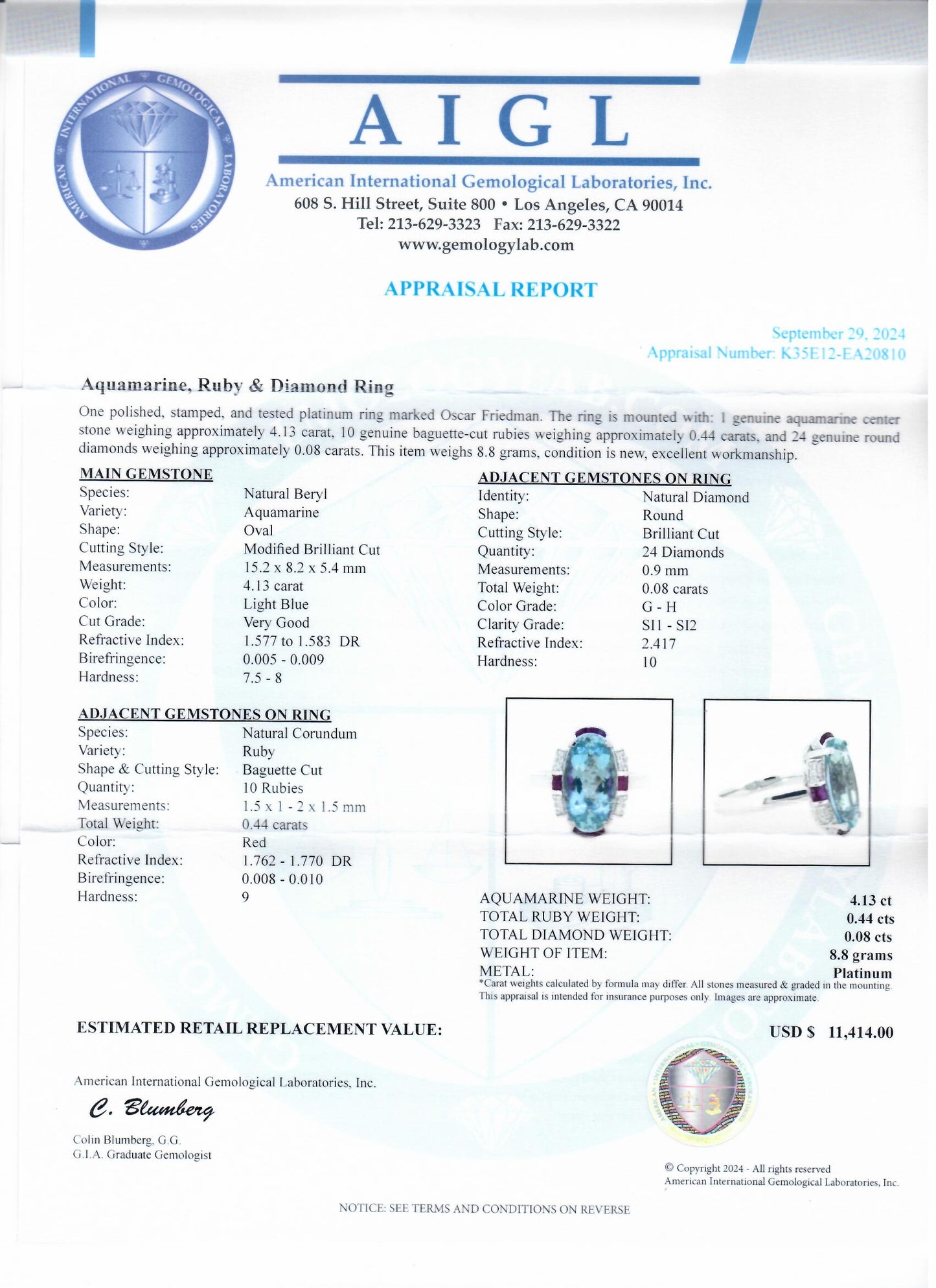 4.13ct Aquamarine, 0.44ctw Ruby and 0.08ctw Diamond Platinum Ring