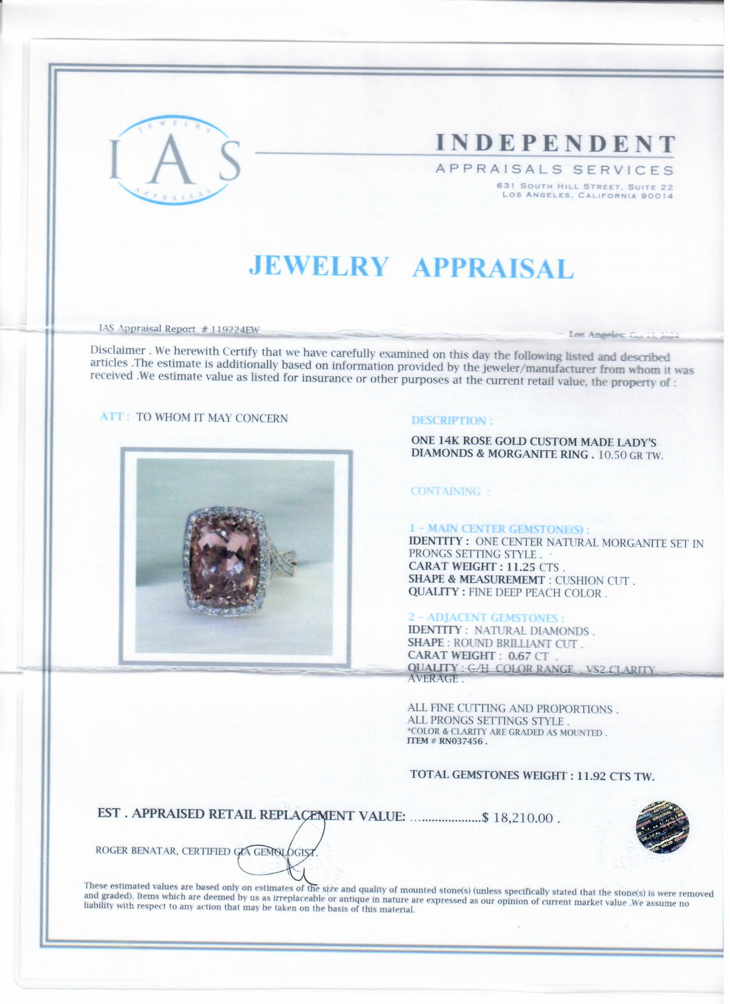 11.25ct Morganite and 0.67ctw Diamond 14K Rose Gold Ring