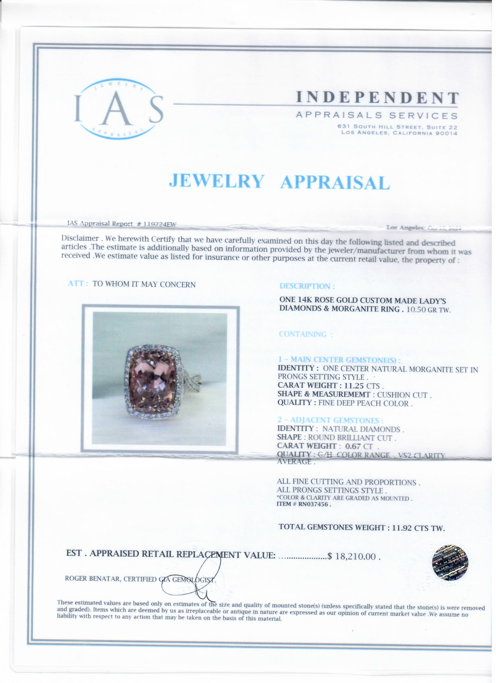 11.25ct Morganite and 0.67ctw Diamond 14K Rose Gold Ring
