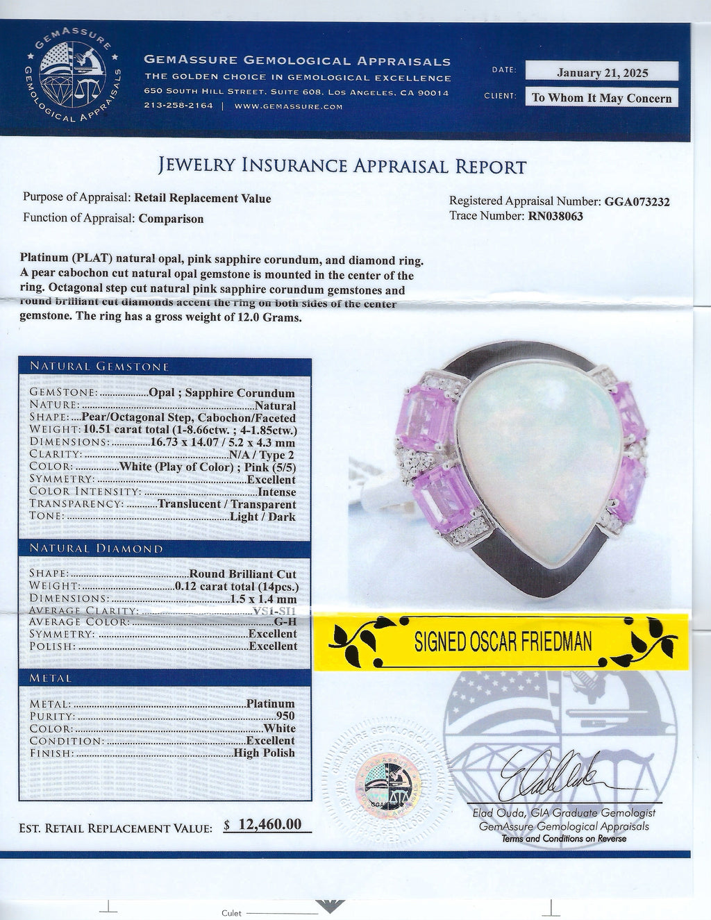8.66ct Opal, 1.85ctw Pink Sapphire and 0.12ctw Diamond Platinum Ring