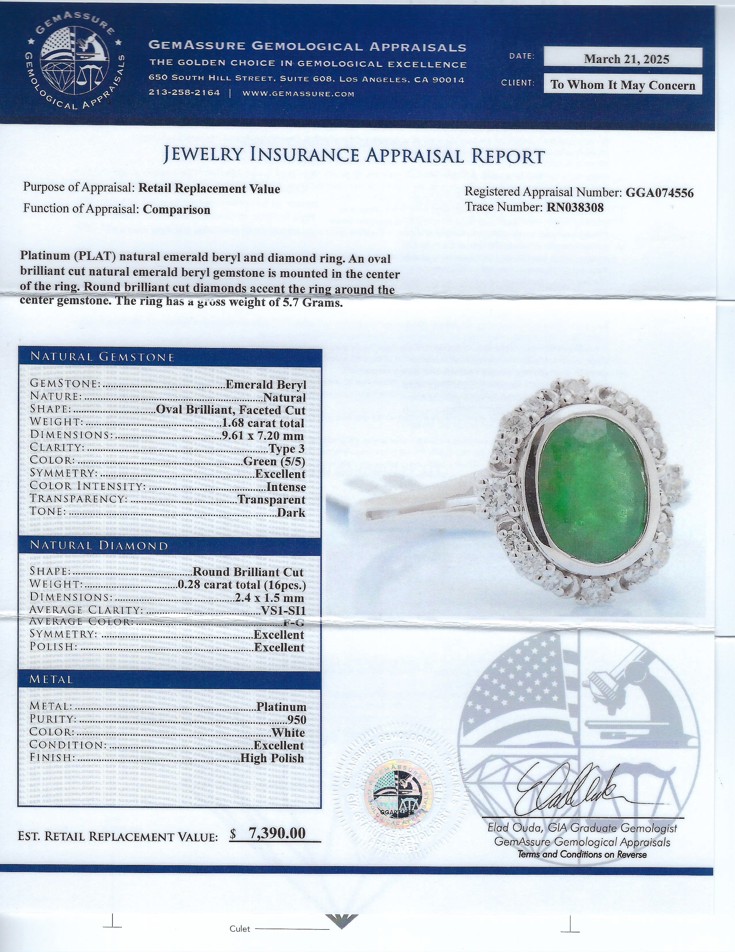 1.68ct Emerald and 0.28ctw Diamond Platinum Ring