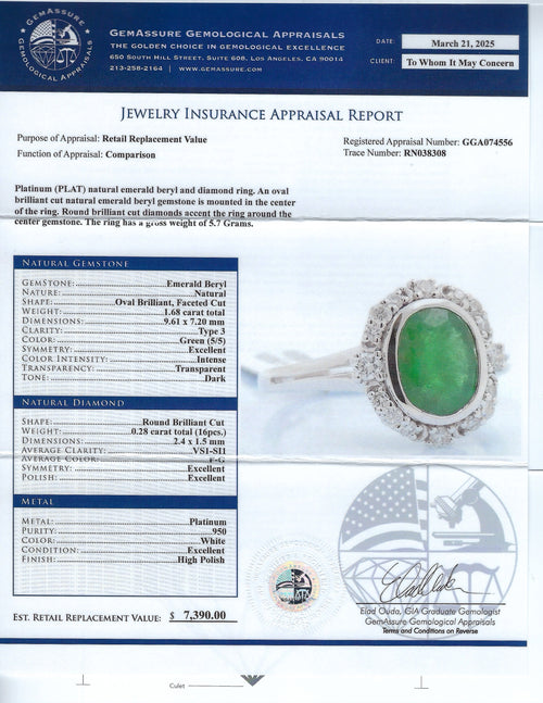 1.68ct Emerald and 0.28ctw Diamond Platinum Ring