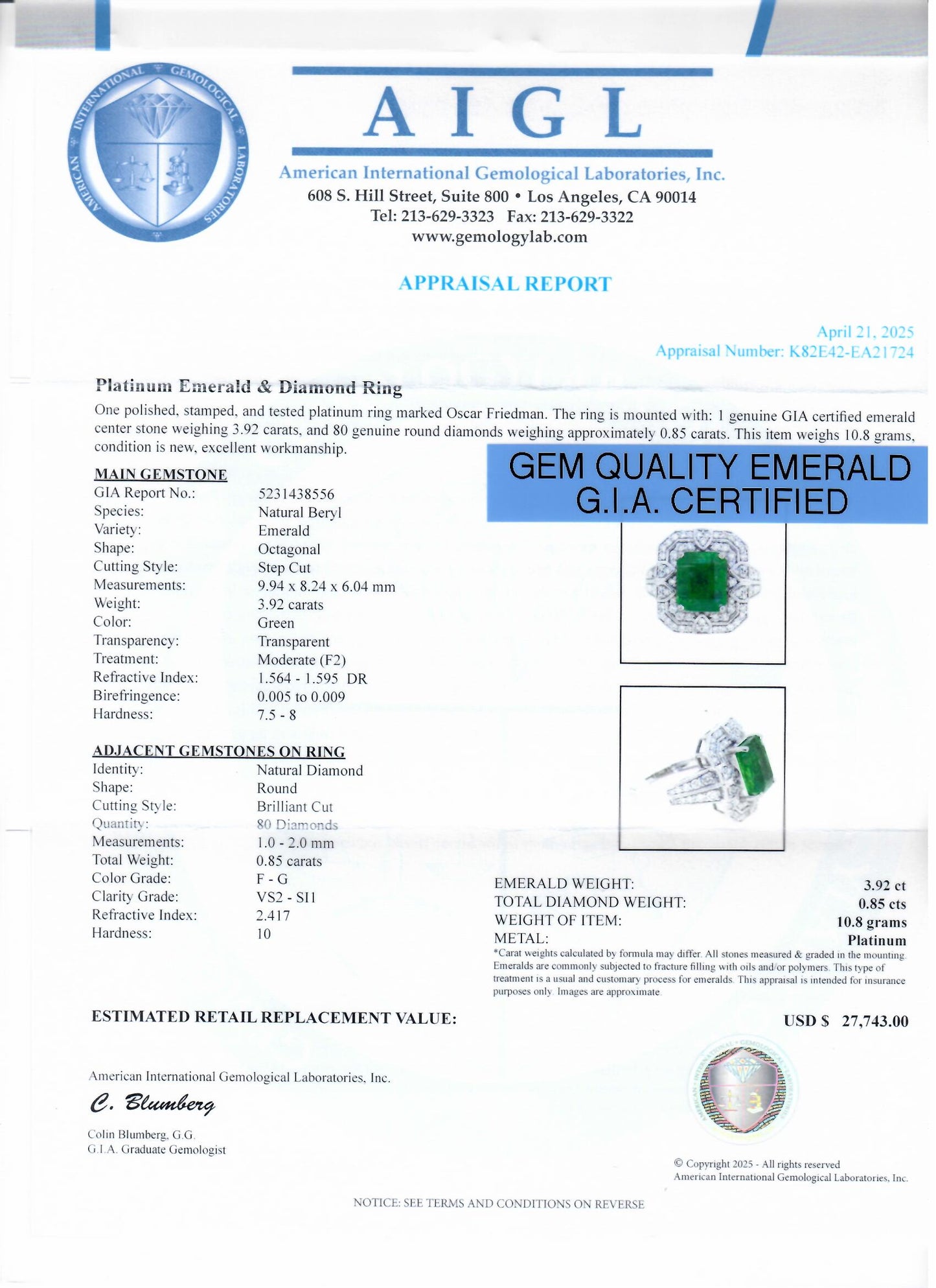 3.92ct Emerald and 0.85ctw Diamond Platinum Ring (GIA CERTIFIED)