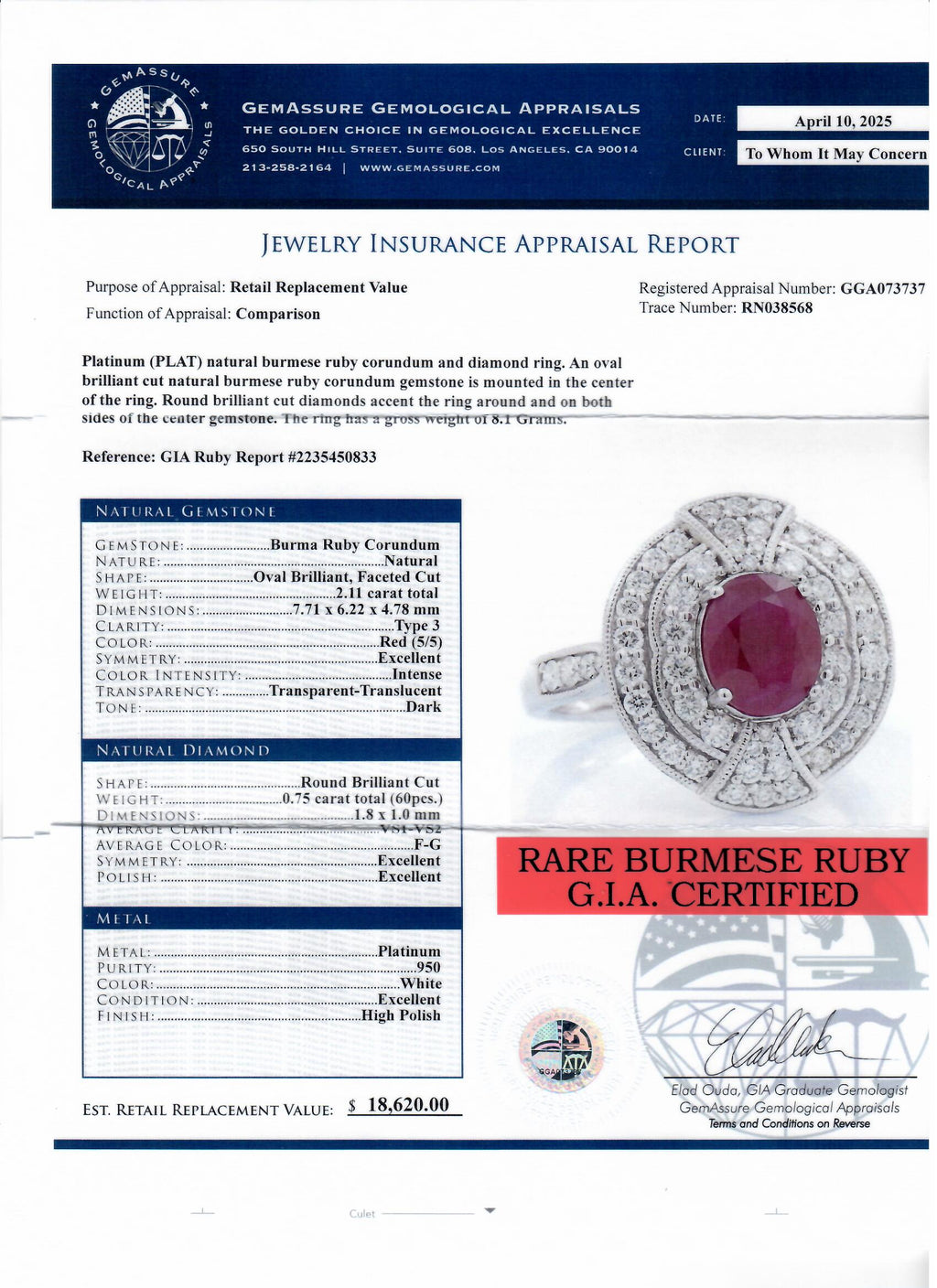 2.11ct BURMESE Ruby and 0.75ctw Diamond Platinum Ring (GIA CERTIFIED)