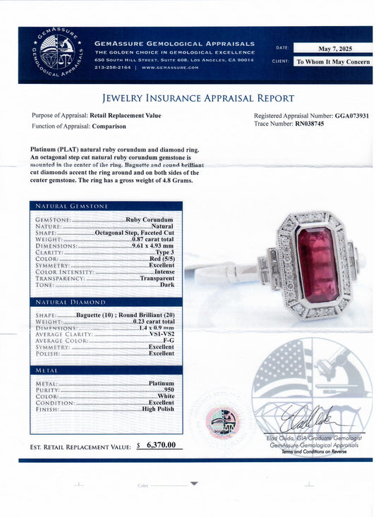 0.87ct Ruby and 0.23ctw Diamond Platinum Ring