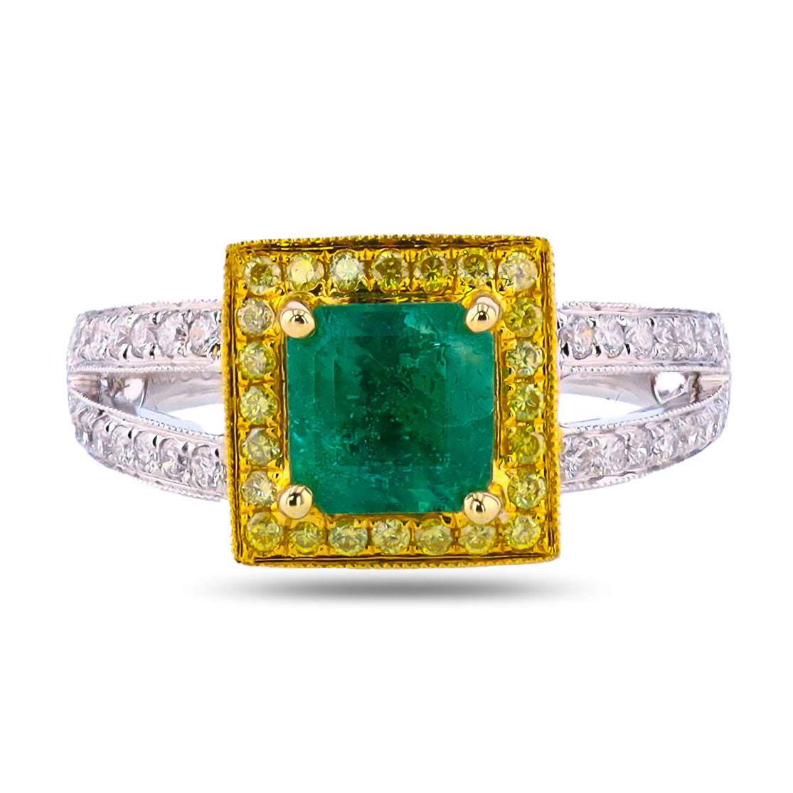 1.57ct Emerald and 0.52ctw Diamond 18K White and Yellow Gold Ring