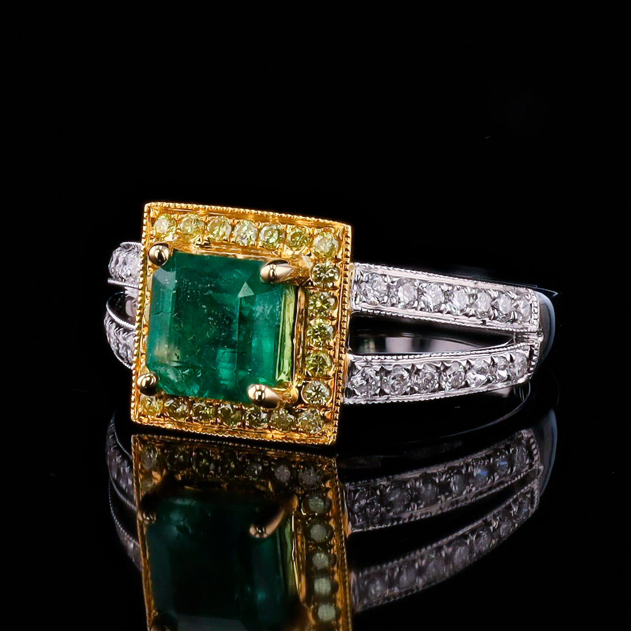 1.57ct Emerald and 0.52ctw Diamond 18K White and Yellow Gold Ring