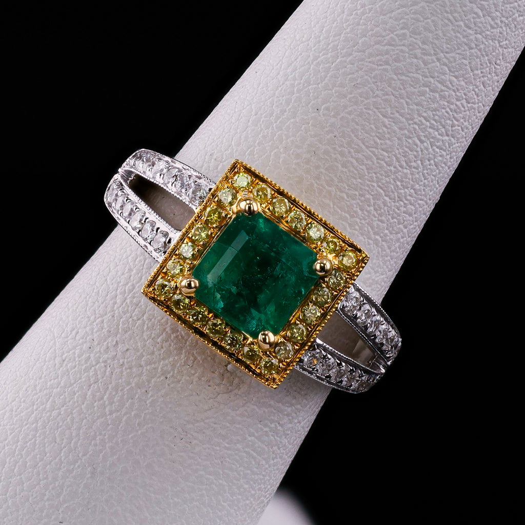 1.57ct Emerald and 0.52ctw Diamond 18K White and Yellow Gold Ring