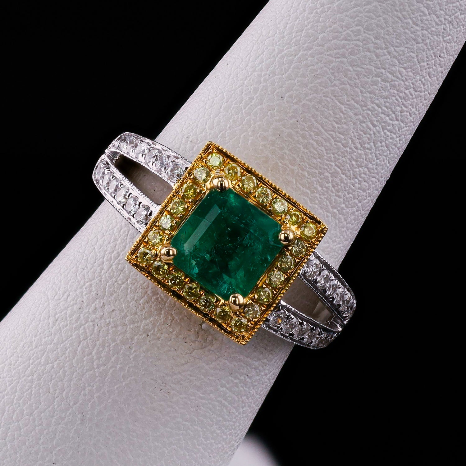 1.57ct Emerald and 0.52ctw Diamond 18K White and Yellow Gold Ring