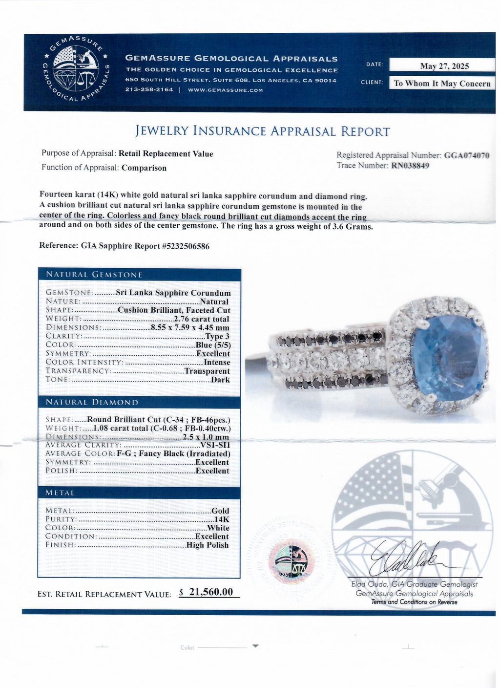 2.76ct Blue Sri Lanka Sapphire and 1.08ctw Diamond 14K White Gold Ring (GIA CERTIFIED)