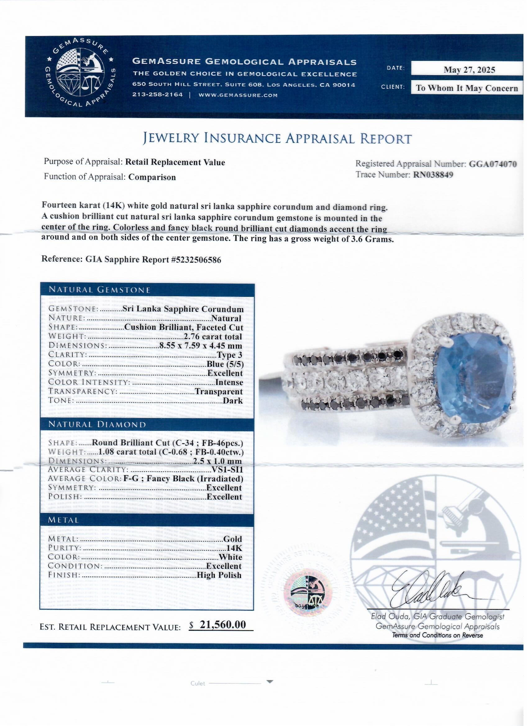 2.76ct Blue Sri Lanka Sapphire and 1.08ctw Diamond 14K White Gold Ring (GIA CERTIFIED)