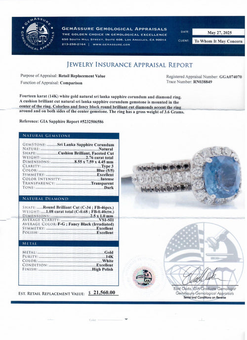 2.76ct Blue Sri Lanka Sapphire and 1.08ctw Diamond 14K White Gold Ring (GIA CERTIFIED)