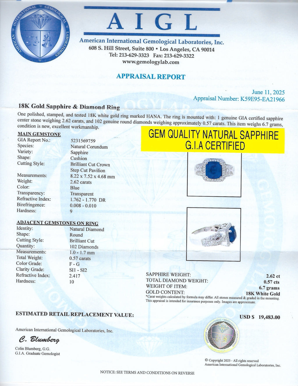 2.62ct Blue Sapphire and 0.57ctw Diamond 18K White Gold Ring (GIA CERTIFIED)