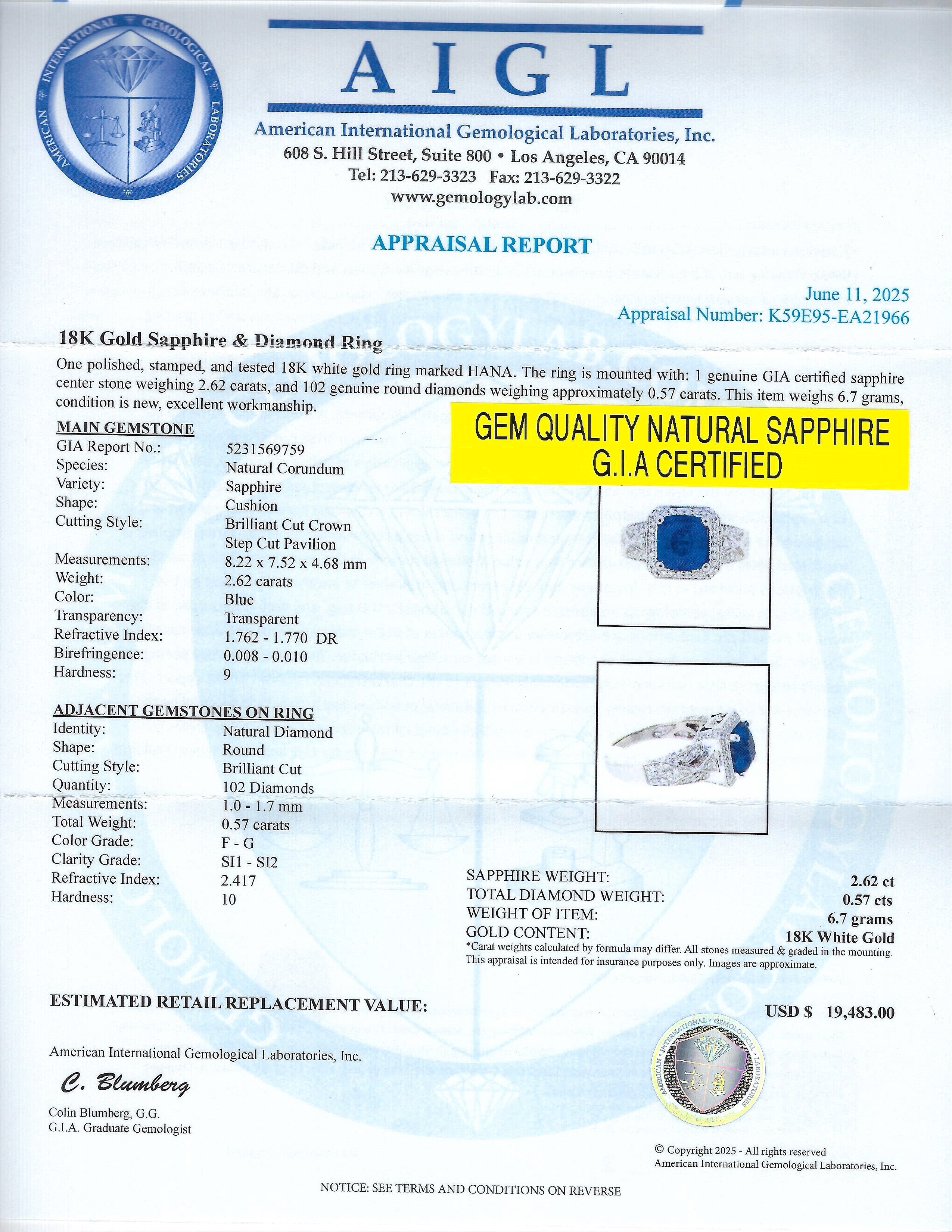 2.62ct Blue Sapphire and 0.57ctw Diamond 18K White Gold Ring (GIA CERTIFIED)