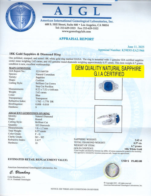 2.62ct Blue Sapphire and 0.57ctw Diamond 18K White Gold Ring (GIA CERTIFIED)